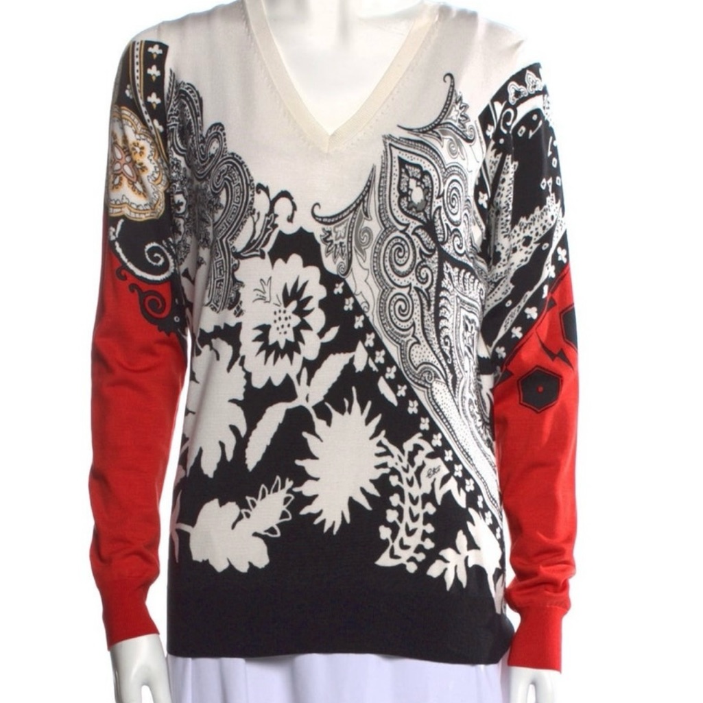 Etro Milano V-Neck Sweater Red, Black And Cream Artistic Design. Size 42